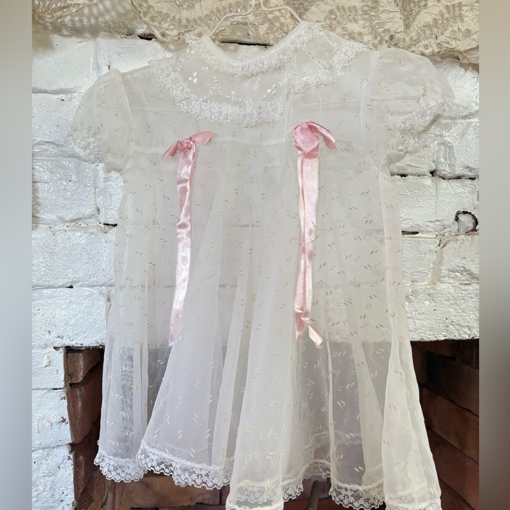 Vintage White Lace Baby Dress with Pink Accents Bows